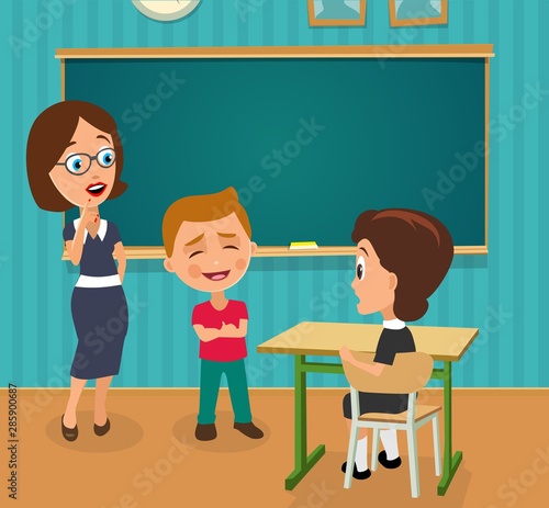 Surprised teacher with open mouth and schoolgirl sitting at a desk turning half-turned.