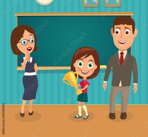 Teacher, man and girl holding a cup. Interior of classroom.