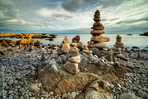 Fototapeta Naklejka Na Ścianę i Meble -  Balancing Stones on the Rocky Coast of the Baltic Sea, Bornholm Island, Denmark