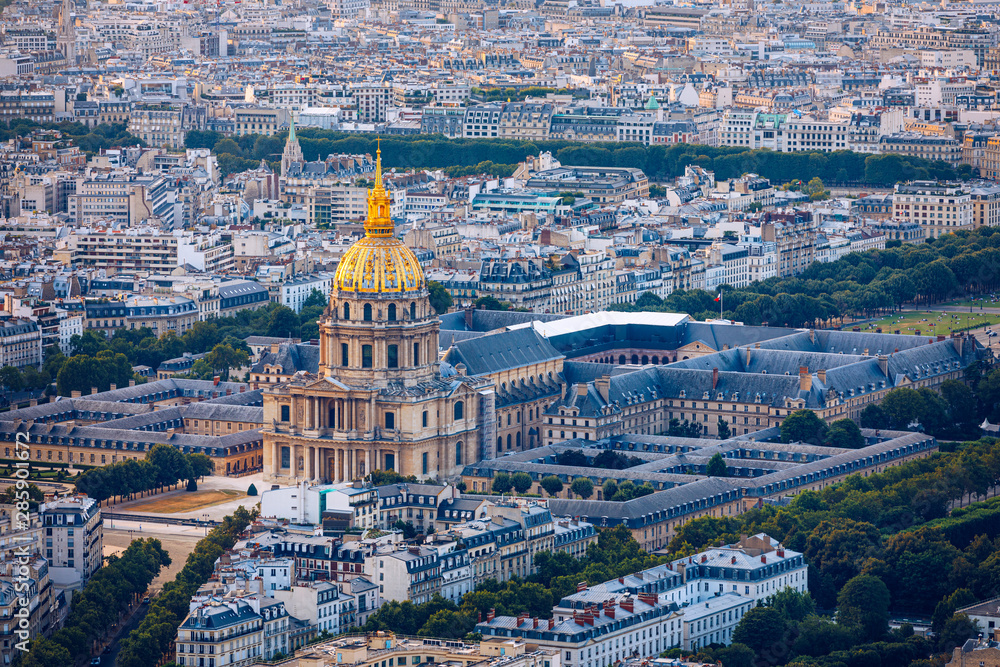 Paris aerial with Les Invalides, France. Twilight aerial view of Paris, France from Montparnasse Tower with Les Invalides building. Beautiful Les Invalides in Paris, France