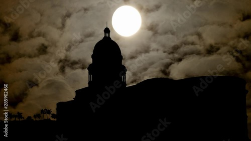 Havana: El Capitolio or National Capitol Building, Time Lapse by Night with Dark Sky and Full Moon, Cuba