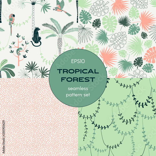 Tropical nature seamless pattern set. Animals and plants. Jungle parrots. Pink dots, liana and monstera leaves backgrounds pack. Decorative textile, wallpaper, wrapping paper vector design