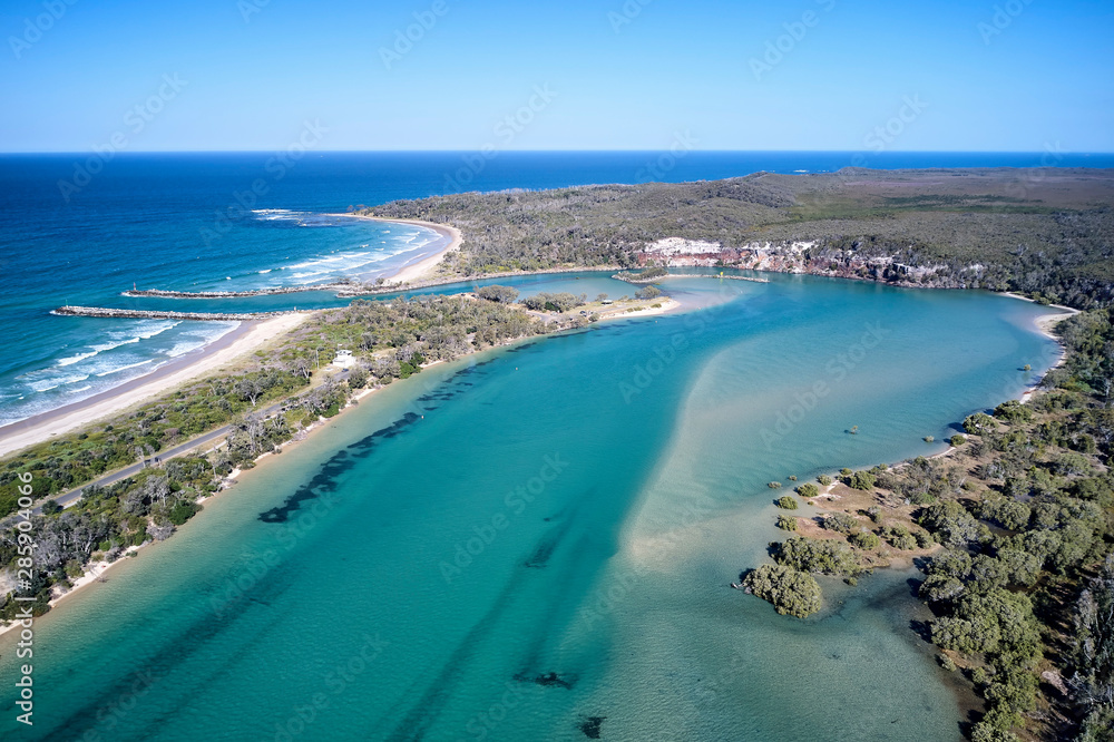 Wooli River aerial Northern NSW with blue water