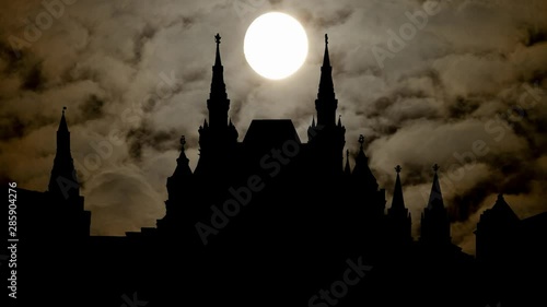 Moscow: State Historical Museumfrom in Red Square, Time Lapse by Night with Dark Sky and Full Moon, Russia