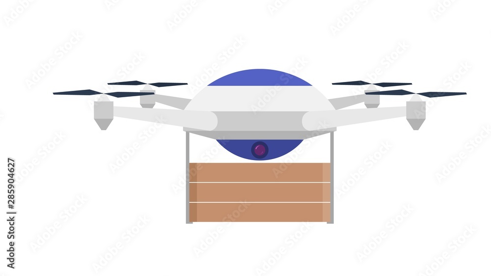 Drone with a load on a white background. Aerial apparatus with brown boxes. Vector illustration Drone with a load on a white background. Aerial apparatus with brown boxes. Vector illustration