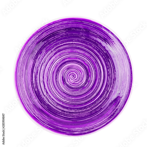 Violet ceramic plate with spiral pattern, isolated