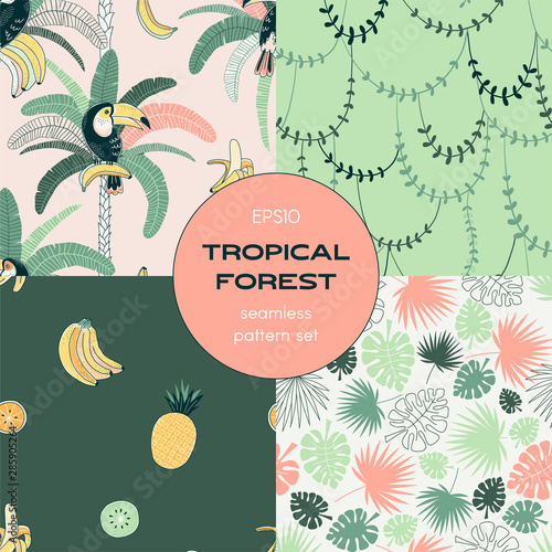 Jungle flora seamless pattern set. Toucan, palm leaf backgrounds pack. Jungle bird. Liana branches. Exotic fruits. Rainforest, fauna. Decorative textile, wallpaper, wrapping paper vector design