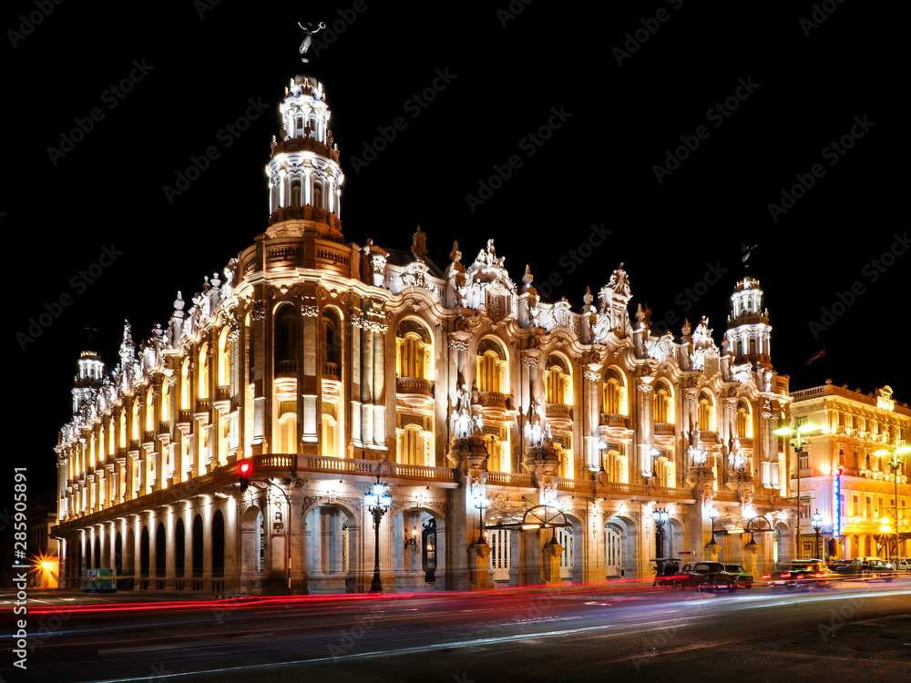 The Gran Teatro de La Habana Alicia Alonso at night, Havana, Cuba.