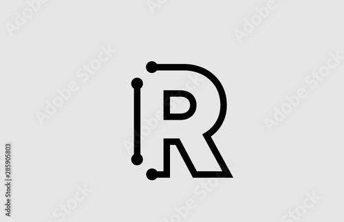 R letter alphabet logo design with line and dots