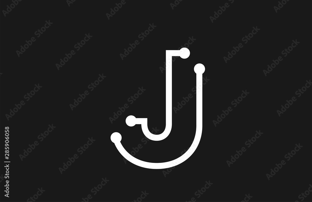 alphabet letter J black and white logo design with line and dots alphabet letter J black and white logo design with line and dots