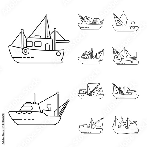 Vector illustration of commercial and vessel logo. Collection of commercial and speedboat stock symbol for web.