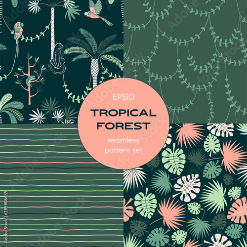 Rain forest seamless pattern set. Panther, chameleon, parrots. Jungle leaves. Striped print. Monstera, palm. Twisted wild liana branches. Decorative textile, wallpaper, wrapping paper vector design