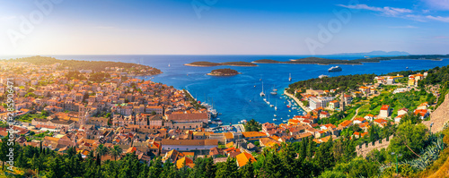 Panorama view at amazing archipelago in front of town Hvar, Croatia. Harbor of old Adriatic island town Hvar. Amazing Hvar city on Hvar island, Croatia. High resolution photo of Hvar town, Croatia.