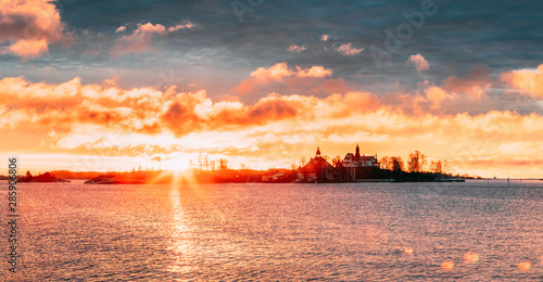 Helsinki, Finland. Sunrise Landscape Of Blekholmen Valkosaari Island And Luoto Island