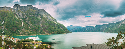 Panorama Of Eidfjord, Norway. Stockholm, Sweden. Touristic Ship Or Ferry Boat Boat Liner Moored Near Harbour In Summer Day. Aerial Panoramic View Of Famous Norwegian Landmark And Popular Destination photo