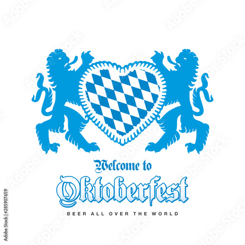 Oktoberfest Beer Festival 2019 Bavarian lions gingerbread heart blue white background