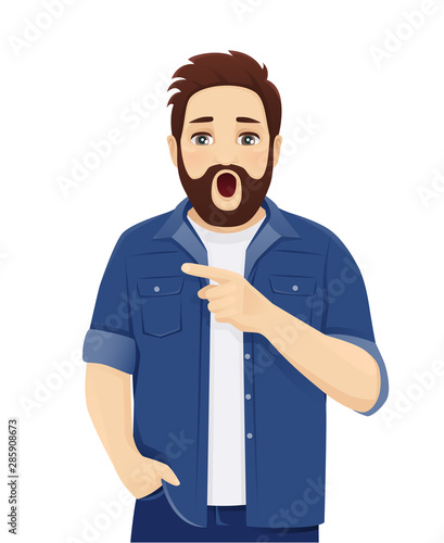 Surprised shocked big man expression in casual clothes points to something isolated vector illustration