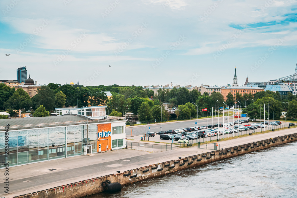 Riga, Latvia. Riga Ferry Pier At Daugava River