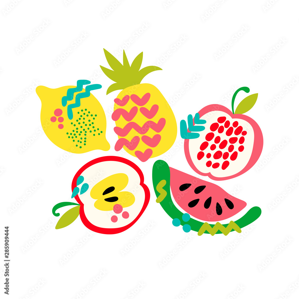 Fototapeta premium Fruits. Cartoon food. Pineapple, lemon, apple, watermelon. Isolated vector objects on a white background.