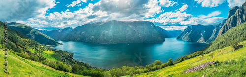 Sogn And Fjordane Fjord, Norway. Panorama Panoramic View Of Amazing Fjord Sogn Og Fjordane. Summer Scenic View Of Famous Natural Attraction Landmark And Popular Destination In Summer photo