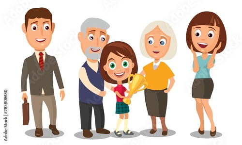 Happy family. Surprised woman face and businessman holding a briefcase
