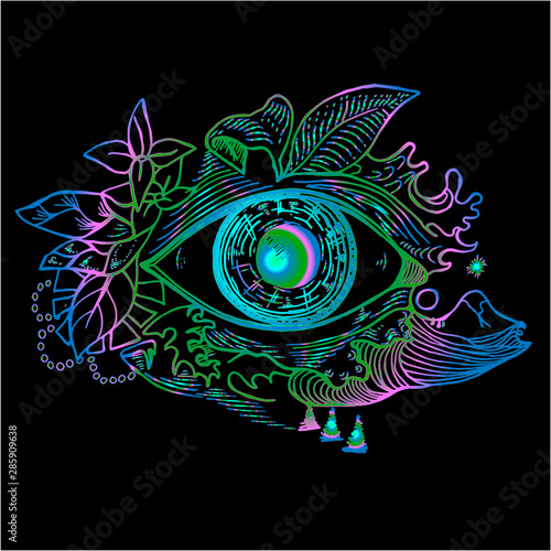 Gradient picture of an cosmic eye on a background of a landscape. Psychodynamic background