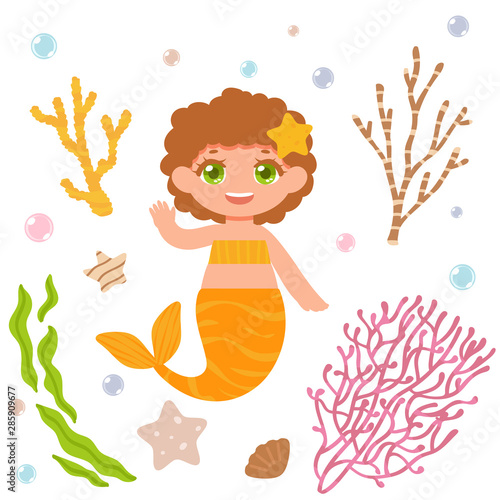 Cute mermaid with curly hair in the sea among corals isolated on white background. Fairy-tale character. Vector illustration in cartoon