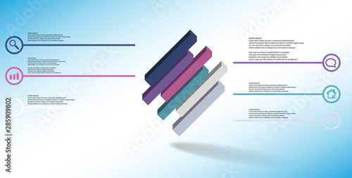 3D illustration infographic template with embossed cube divided to six shifted parts askew arranged