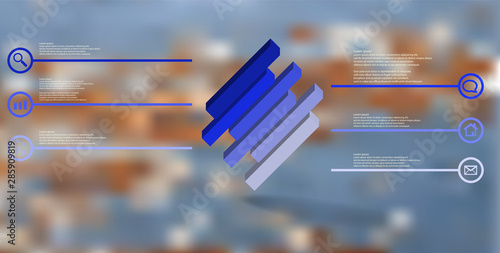 3D illustration infographic template with embossed cube divided to six shifted parts askew arranged