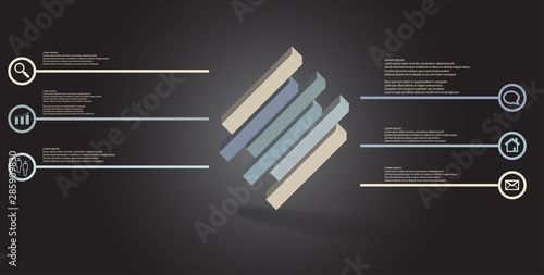 3D illustration infographic template with embossed cube divided to six shifted parts askew arranged