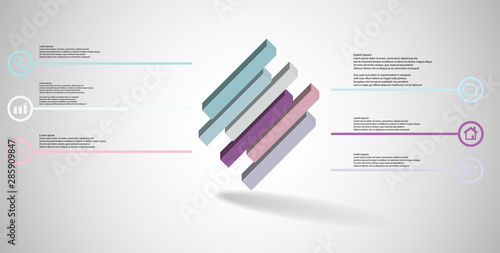 3D illustration infographic template with embossed cube divided to six shifted parts askew arranged