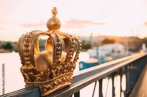 Stockholm, Sweden. Skeppsholmsbron - Skeppsholm Bridge With Its Famous Golden Crown In Stockholm, Sweden. Famous Popular Place Landmark Destination. Scandinavia Travel photo