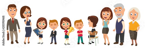 Surprised teacher with open mouth and schoolgirl sitting at a desk turning half-turned.