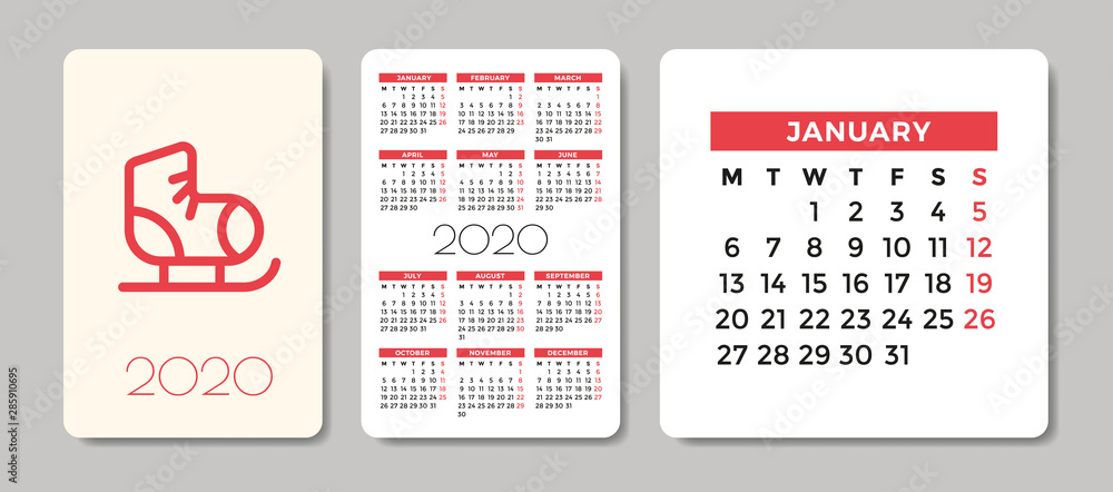Pocket Calendar 2020 with winter holidays pictogram - Skates. Happy new year. Modern vector design template. Week starts on Monday.