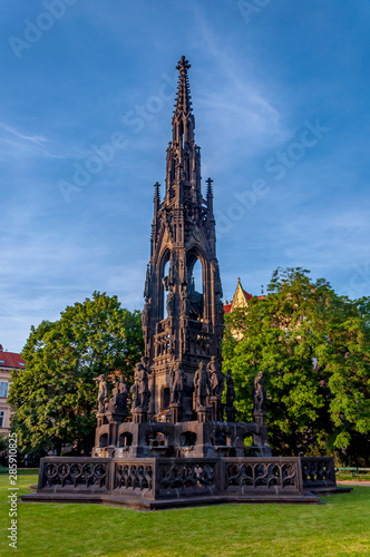 Kranner's Fountain (Krannerova kasna), highest fountain in Prague. Neo-Gothic monument to Emperor Francis I of Austria. Smetana Embankment (Smetanovo nabrezi), Prague, Czech Republic.