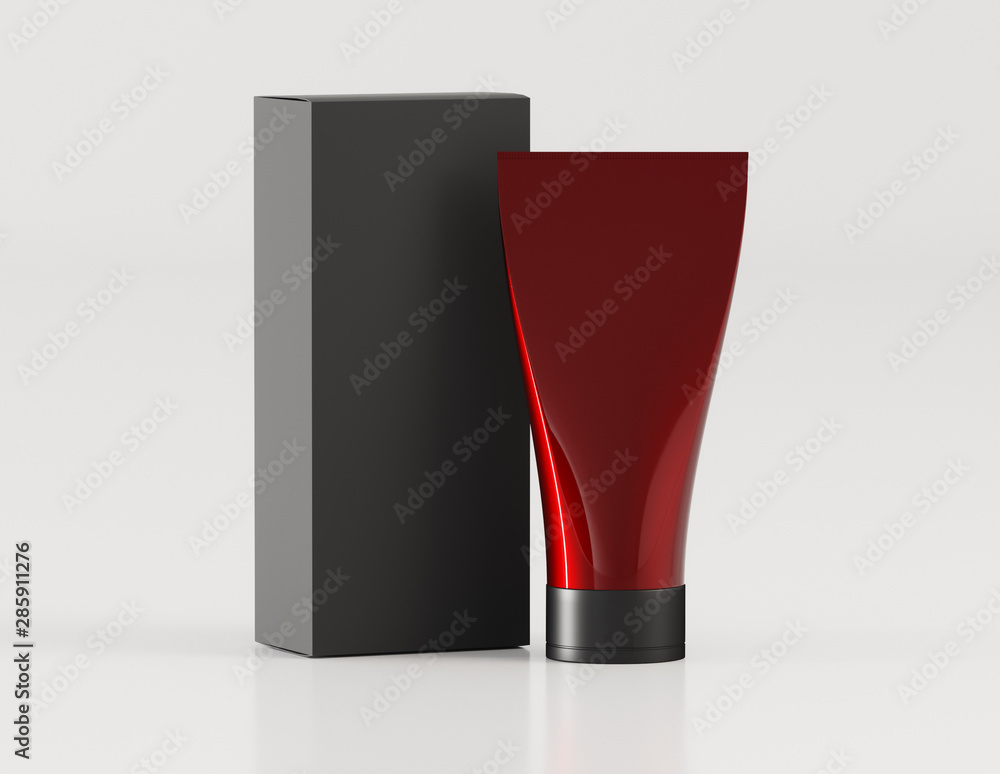 Red tube for cosmetics mockup with box - 3D illustration Red tube for cosmetics mockup with box - 3D illustration