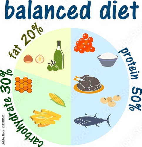 Daily ration plate with information about the right amount of protein, fat, carbohydrates and water