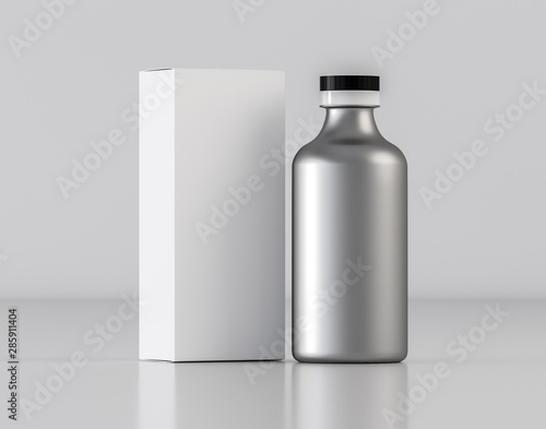 Silver color cosmetics bottle with box mockup - 3D illustration