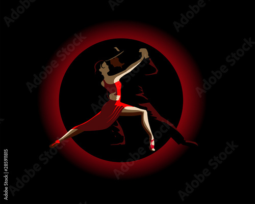Beautiful couple passionately dancing tango on dark background. Light-shadow effects. Vector illustration.