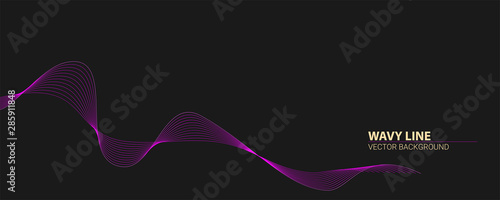 Banner with blended twisted lines and place for text. Long banner with dynamic flowing waves on dark background. Abstract wavy pattern, optical flow. Optical art, vector design elements.