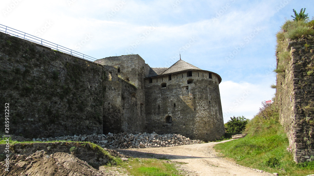High walls and towers of Kamianets-Podilskyi castle(is a former Ruthenian-Lithuanian  castle and a later three-part Polish fortress located in the city of Kamianets-Podilskyi, Ukraine. 07.08.2019