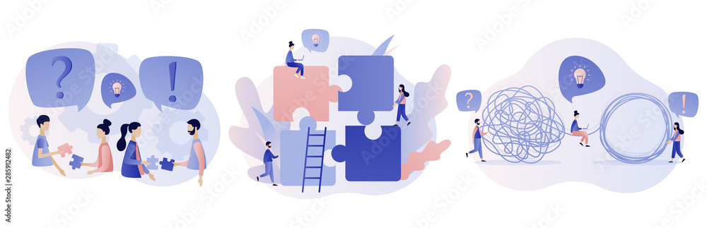 Team metaphor concept. Puzzle elements. Tangle tangled and unraveled Modern flat cartoon style. Vector illustration Team metaphor concept. Puzzle elements. Tangle tangled and unraveled Modern flat cartoon style. Vector illustration