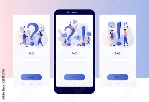 FAQ concept set. People around exclamations and question marks. Metaphor question answer. Screen template for mobile smart phone. Modern flat cartoon style. Vector illustration