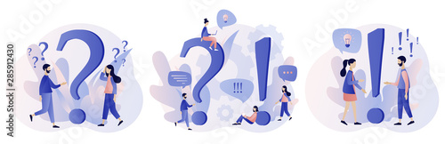 FAQ concept set. People around exclamations and question marks. Metaphor question answer. Modern flat cartoon style. Vector illustration