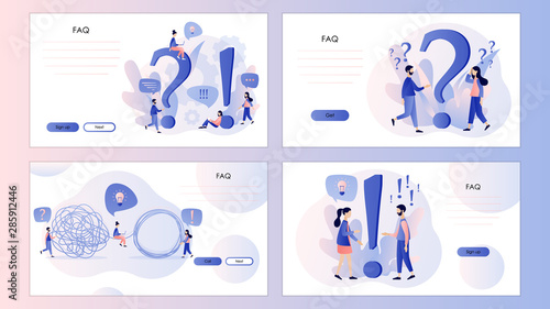 FAQ concept set. Metaphor question answer. Screen template for mobile smart phone, landing page, template, ui, web, mobile app, poster, banner, flyer. Modern flat cartoon style.  Vector illustration