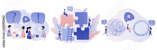 Team metaphor concept. Puzzle elements. Tangle tangled and unraveled Modern flat cartoon style. Vector illustration 
