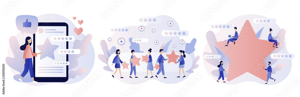 Star rating concept. Customer reviews. People leave feedback and comments. Modern flat cartoon style. Vector illustration