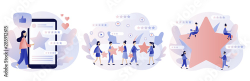 Star rating concept. Customer reviews. People leave feedback and comments. Modern flat cartoon style. Vector illustration