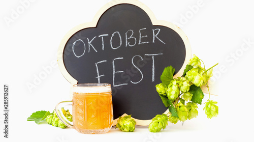 Mug of beer mit fresh hop isolated on white background. Oktoberfest beer festival concept.