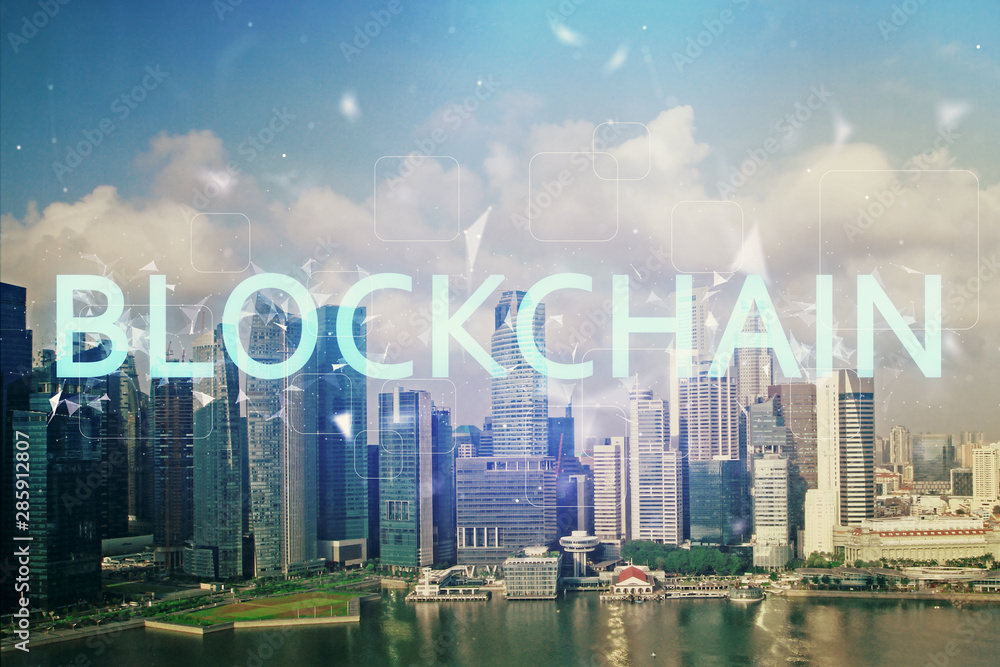 Naklejka premium Double exposure of crypto currency theme hologram drawing and city veiw background. Concept of blockchain and bitcoin.